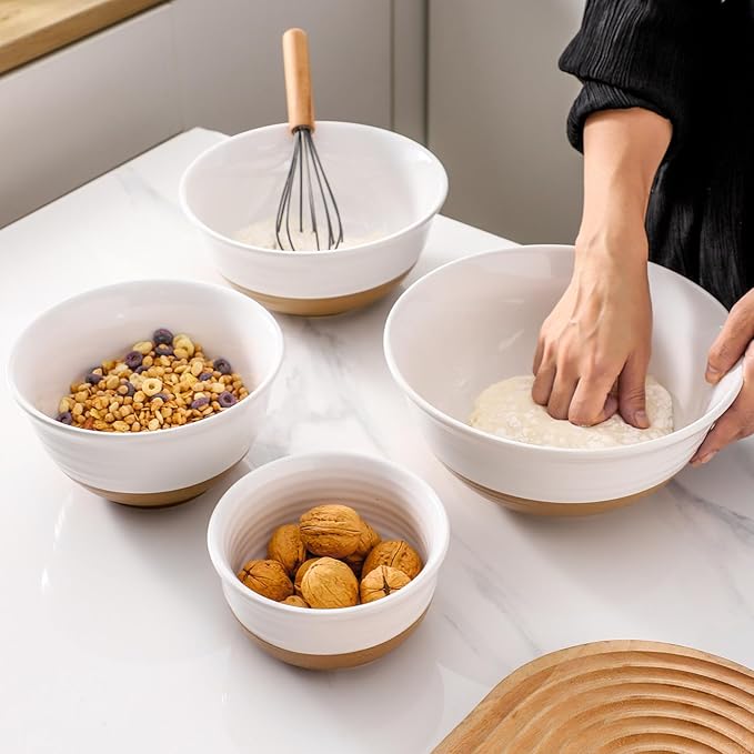 Hasense Mixing Bowls Set, 2.1/1.5/1.0/0.5 Qt Ceramic Nesting Bowls for Kitchen, Large Serving Bowls for Cooking, Prepping, Salad, Soup, Pasta, Classic White Serving Dishes for Thanksgiving, Set of 4