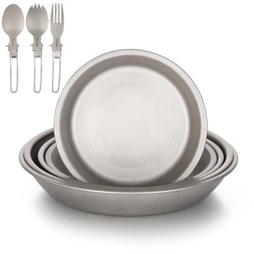 Aomiun Titanium Camping Plate Set of 8, Ultralight Durable Titanium Dish Plate with Folding Forks Spoons, Portable Round Dinner Plates Outdoor Camping Pan Tableware Utensils for BBQ Hiking Picnic