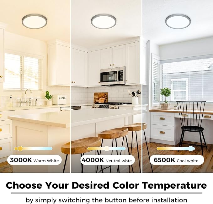 zemty LED Ceiling Light Fixture, 6.5-Inch 12W 1200lm Small Flush Mount Light, Adjustable 3000K 4000K 6500K Color Temperatures, Round Flat Recessed Lamp for Kitchen Closet Hallway Laundry, Black