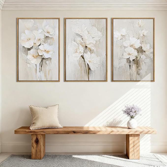 Anyzal Framed Neutral Beige Floral Wall Art Large 16x24 Inch White Cream Flower Canvas Wall Decor Modern Botanical Farmhouse Painting for Living Room Bedroom Dining Room Set of 3