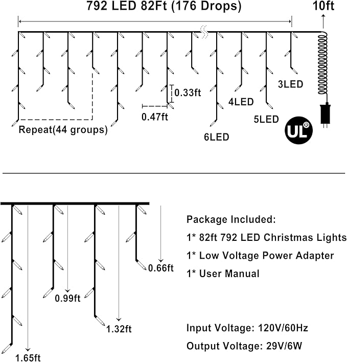 792 LED Christmas Outdoor Lights with 176 Drops, 82ft Hanging Curtain Lights 8 Modes, Christmas Fairy Lighs with Timer & Memory for House Roof Holiday Wedding ChristmasDecor Blue & Cool White
