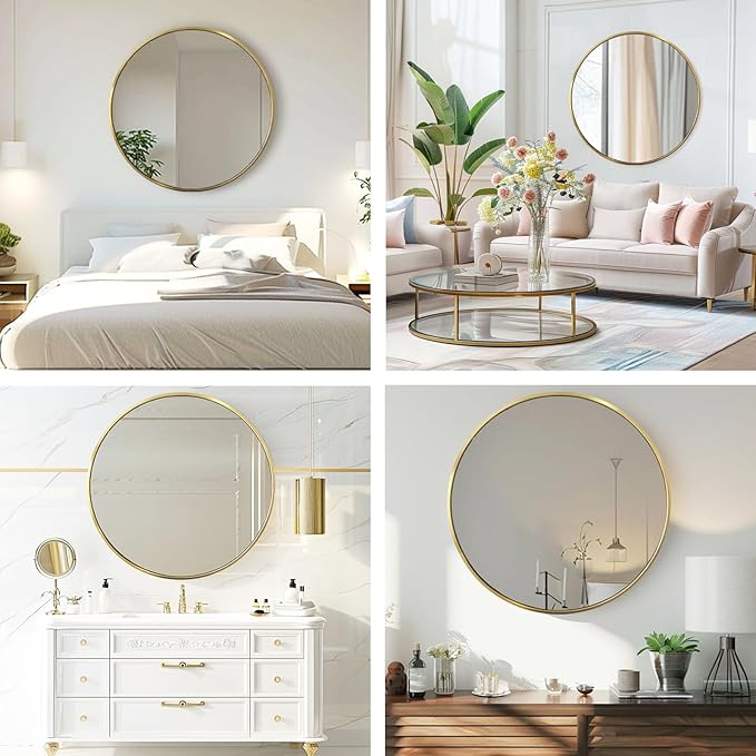 Round Gold Mirror, 30 Inch Circle Gold Mirror, Metal Frame Round Wall Mounted