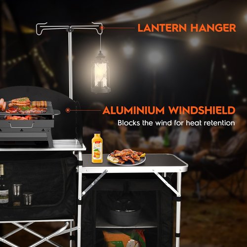 JOUYEK Cmaping KitchenTable, Aluminum Folding Camping Cook Station with Windshield, Upgrade Light Stand, Storage Bag, Quick Installation for Outdoor, Picnic, Cooking