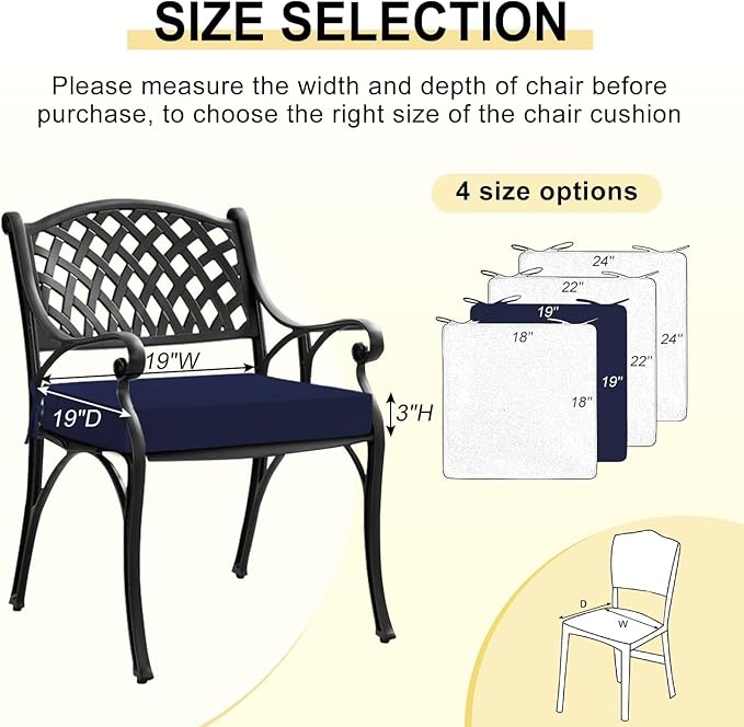 downluxe Waterproof Outdoor Chair Cushions Set of 2, 19" x 19" x 3" Patio Chair Cushion with Non-Slip Ties & Handle, Square Outdoor Cushion for Patio Furniture with Removable Cover, Navy