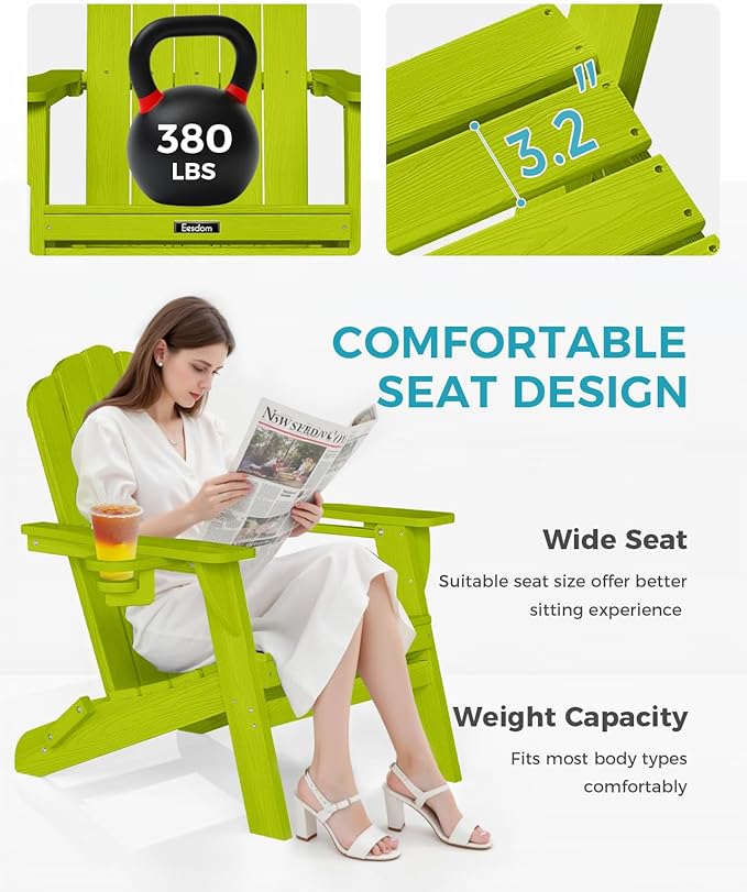 Adirondack Chairs Set of 4, Foldable Adirondack Chairs with 2 Cup Holder, Wood Texture HDPE Fire Pit Chairs, Outdoor Lawn Chair for Patio Garden, LemonGreen