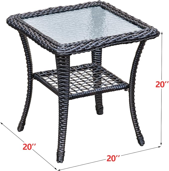 ATR ART TO REAL Outdoor Side Table, Indoor Outdoor Tempered Glass Top Wicker Coffee Bistro Table, All-Weather Patio Square Storage End Table, Steel Frame, 20''x 20''x20''