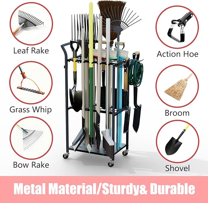 Faesun Garden Tool Organizer with Wheels, Heavy Duty Rolling Yard Tool Rack with 14 Hooks & 5 Slots, 3-Tier Metal Cart Holds 50+ Rakes/Shovels/Brooms, Mobile Lawn Storage for Garage Shed Outdoor