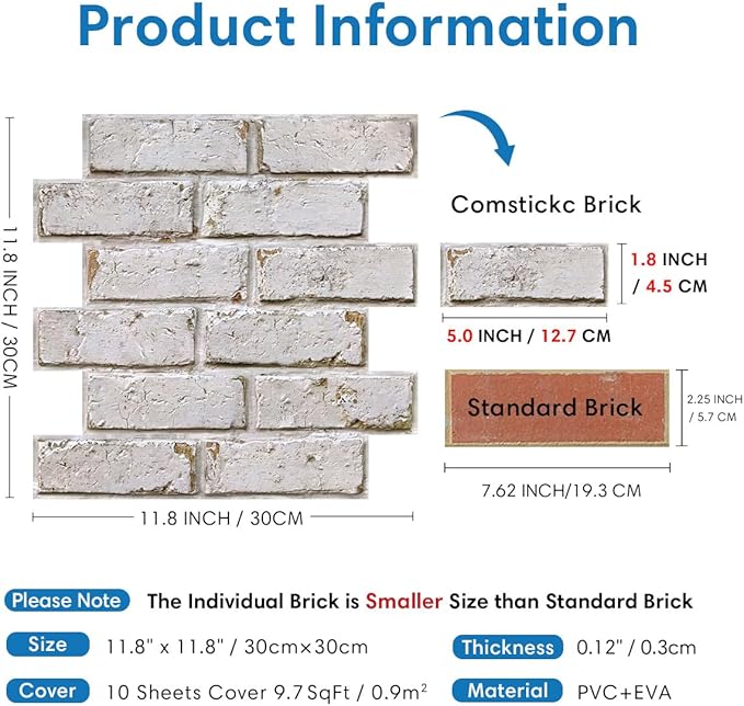 COMSTICKC 3D Faux Brick Wall Panels Peel and Stick, Small Size Self Adhesive