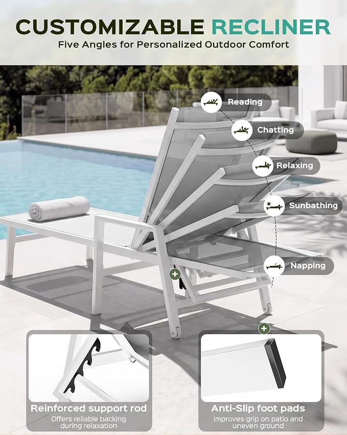 Patio Chaise Lounge Chair Outdoor with Wheels&Armrests, Aluminum Pool Lounge Chairs Five-Position Adjustable Recliner with Side Table, Outdoor Beach Lounge Chairs for Outside, Deck, Yard, White