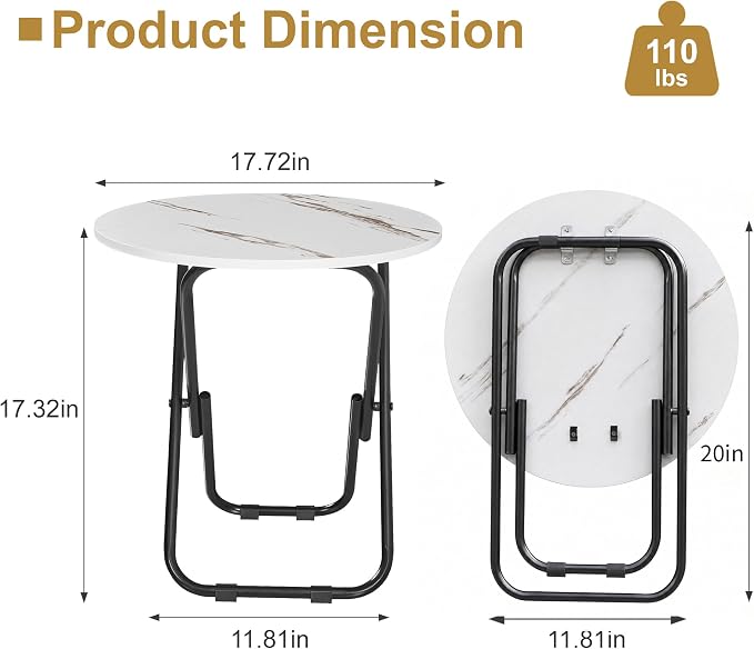 VECELO Patio Outdoor Side Table Set of 2,17.7 inch Small Folding Table Round Waterproof Wood Table,Foldable Anti-Rust Metal Legs Snack Desk for Garden Balcony,Yard,Living Room