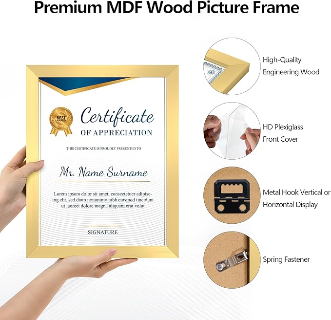8.5x11 Picture Frame set of 15, Multi Certificate 8.5 by 11 Picture Frames Bulk, Document Diploma Award Frame for Wall Hanging or Tabletop Display, Gold