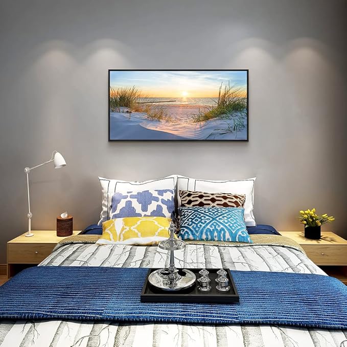 MHARTK66 Sea Beach Framed Canvas Wall Art For Living Room Wall Decor For Office Bedroom Wall Decorations Sun Seascape Large Painting Blue Ocean Canvas Pictures Artwork Black Wood Framed 20" X 40"