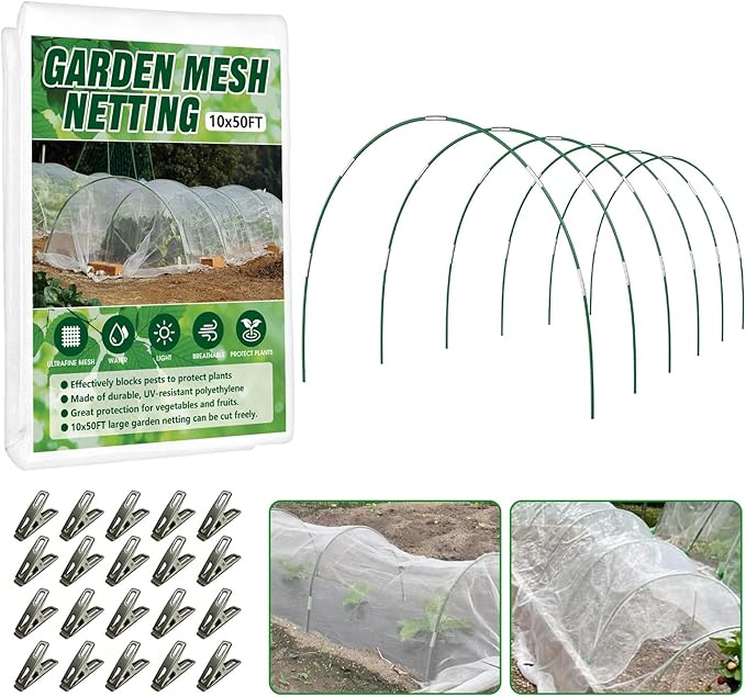 Garden Netting Kit for Raised Beds, 10x50FT Ultra Fine Mesh Netting ＆6 Sets Fiberglass Garden Hoops, Insect Netting for Garden Plant Row Cover Vegetable Flowers Protection Barrier