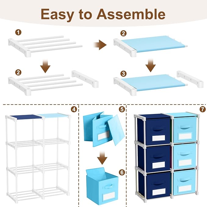 Geelin 6 Sets Cube Storage Organizer Bins with Shelf & Labels 11 Inch, Fabric Collapsible Cubby Toys Clothes Storage Drawer Unit for Daycare Nursery Playroom Bedroom Dorm Organizer (Blue Mix)