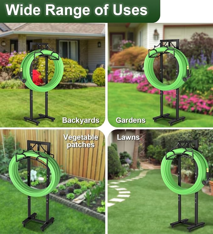 Garbuildman Garden Hose Holder with 4 Spikes, Freestanding Metal Hose Stand for Outdoor Garden, Detachable Hose Storage Rack for Lawn & Yard, Crown Black