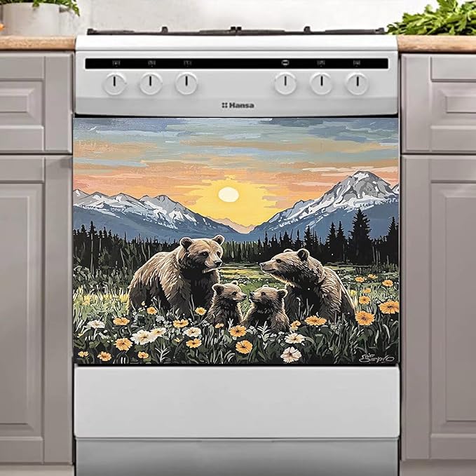 Dishwasher Magnet Cover Panel Sunset Garden Bears Refrigerator Magnetic Stickers Oil Painting Style Brown Bear Magnetic Dishwasher Decals for Home Kitchen Decor 23" x 17"(Magnetic)