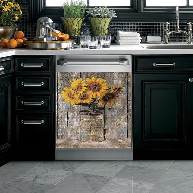 Rustic Wood Dishwasher Cover For Front,Vintage Sunflower Vase Dishwasher Magnet Cover Door Decor Farmhouse Sticker,Country Flower Dishwasher Panel Decal,Home Appliance Decal 23"x17"