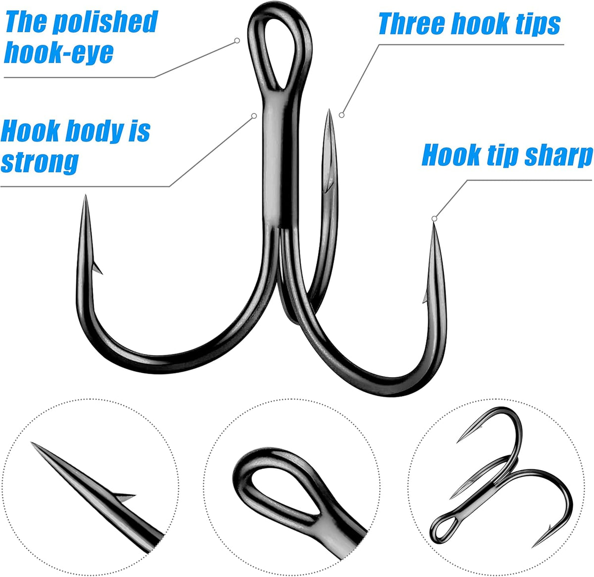 Shaddock Fishing Treble Hooks, Round Bend Short Shank Treble Hooks, High Carbon Steel, Wide Gap for Lures, Baits, Stripe, Trout, Bass, Salmon, Panfish 100/200PCS