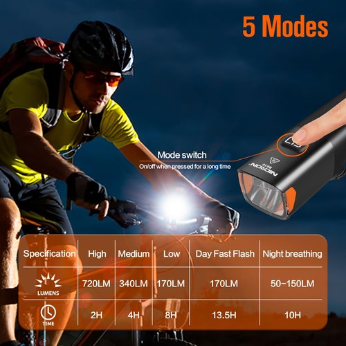 Nicron Bike Lights, 720 Lumens Bike Headlight，5 Modes USB Rechargeable Bicycle Light Super Bright, Bike Lights for Night Riding Waterproof IPX4 Bike Light.