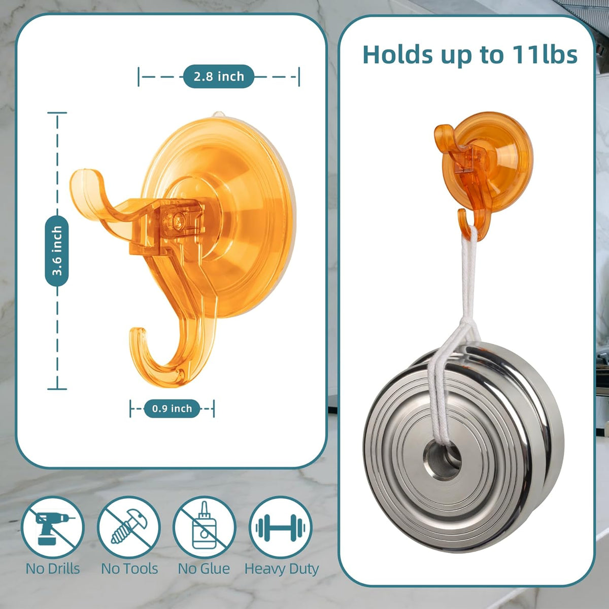 Antimbee 3 Pack Suction Cup Hooks, Wreath Hangers, Removable Small Suction Cups for Shower, Bathroom, Glass, Door, Windows, Kitchen-Up to 11 lbs on Smooth Surface (Transparent Orange)