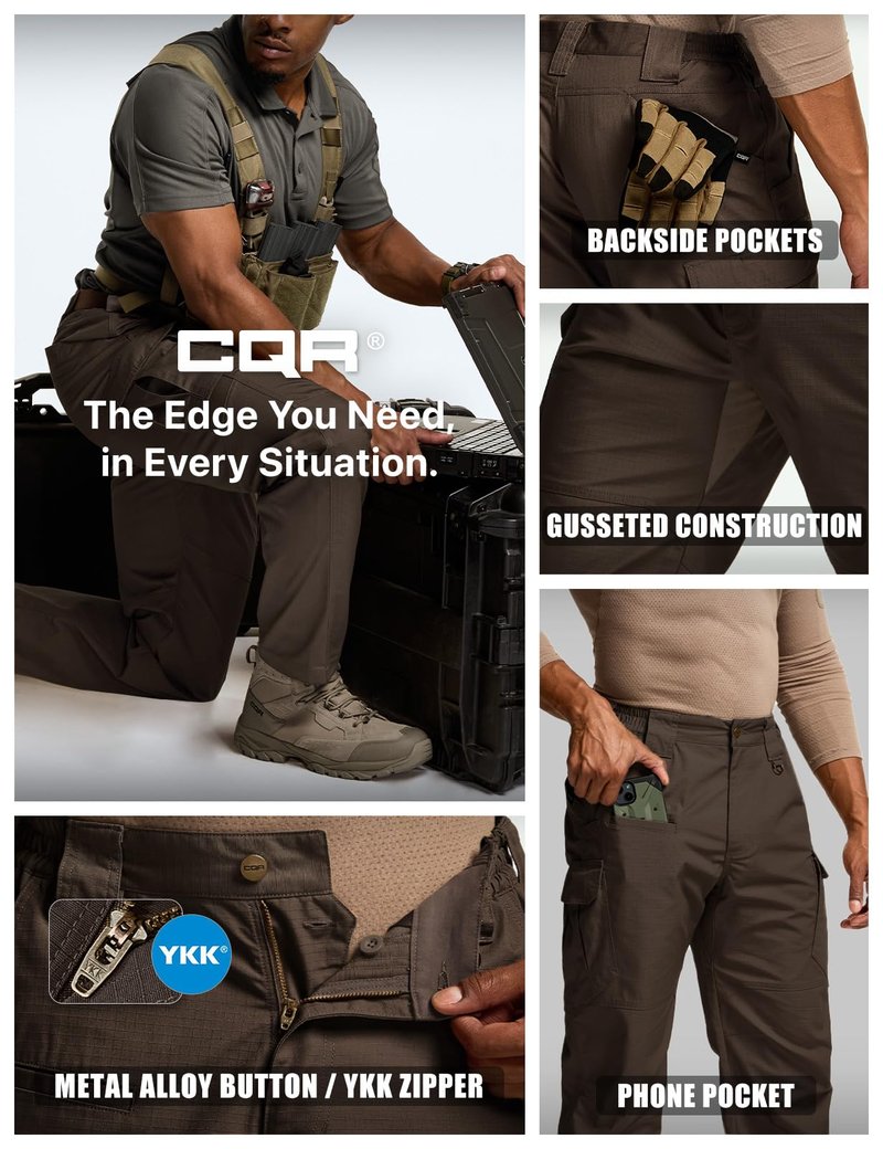 CQR Men's Tactical Pants, Water Resistant Ripstop Cargo Pants, Lightweight EDC Work Hiking Pants, Outdoor Apparel, Raider Mag Pocket Dark Brown, 30W x 32L