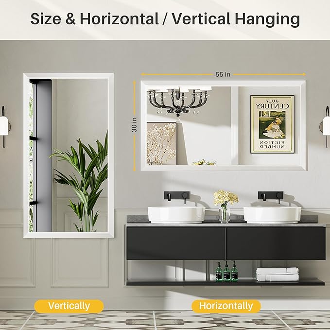 55x30 Inch White Bathroom Mirror