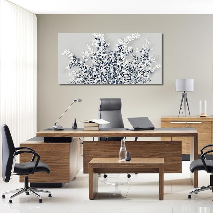 NINEASO Botanical Flowers Wall Art - Indigo Blue and White Floral Canvas Pictures Spring Blooming Painting Gray Background Printing Artwork Living Room Bedroom Home Office Wall Decor 24" x 48"