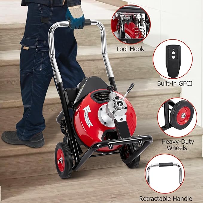 100Ft x 3/8Inch Drain Cleaner Machine, Portable Electric Drain Auger Cleaner with 6 Cutters & Gloves, Drain Cleaning Machine Fits 1" to 4" Pipes
