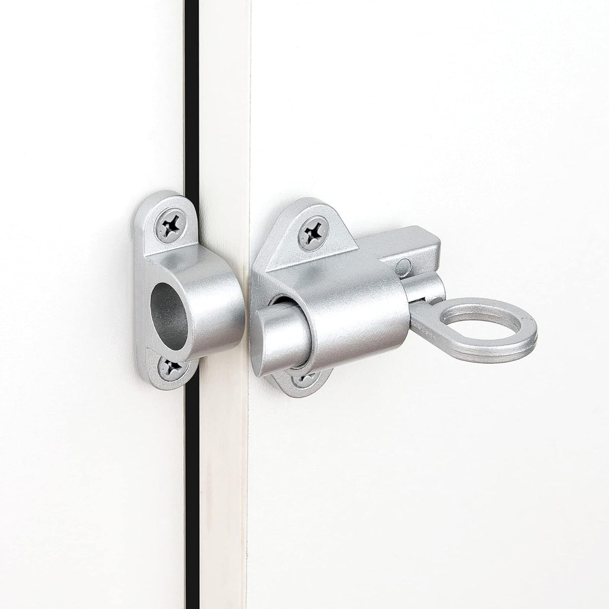 2 Packs Self-Closing Latches，Silver Gray Spring Door Lock，Resilient Bolt Latch Aluminum Alloy Safety Automatic Spring Barrel Slide Door Lock with Screws,Used for Gate,Window and Cabinet etc