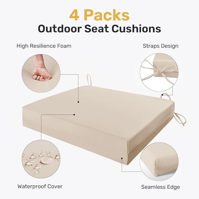 UNIKOME Outdoor Chair Cushions Pack of 4, Water Resistant Patio Cushions with Ties, High Density Sponge Filling Square Corner Seat Cushions for Outdoor Furniture, 19"*19"*3", Beige