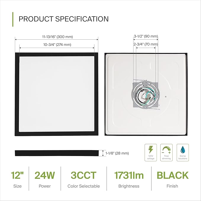ASD LED 12" Square Flush Mount Ceiling Light Fixture, Low Profile Surface Lighting | 5CCT, Dimmable, Ultra-Thin, ETL Listed | 24W 1700LM 2700-6000K 120V | Kitchen, Bedroom, Hallway Lamp | Black