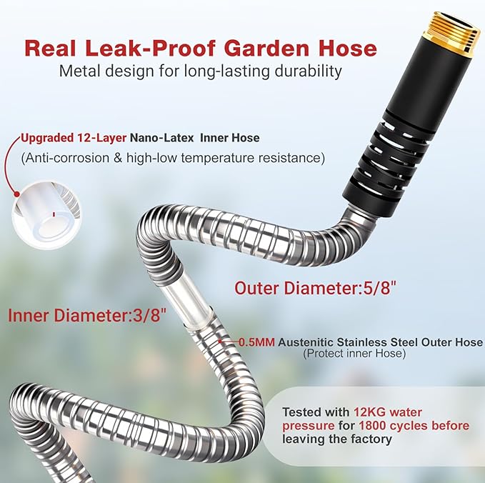 Lefree 150ft Stainless Steel Garden Hose - No-Kink Leak-Proof Crush Resistant, with Upgraded Protective Rubber Sleeve, 10-Function Nozzle for Lawn Care, RV Camp, Long-Distance Yard Watering