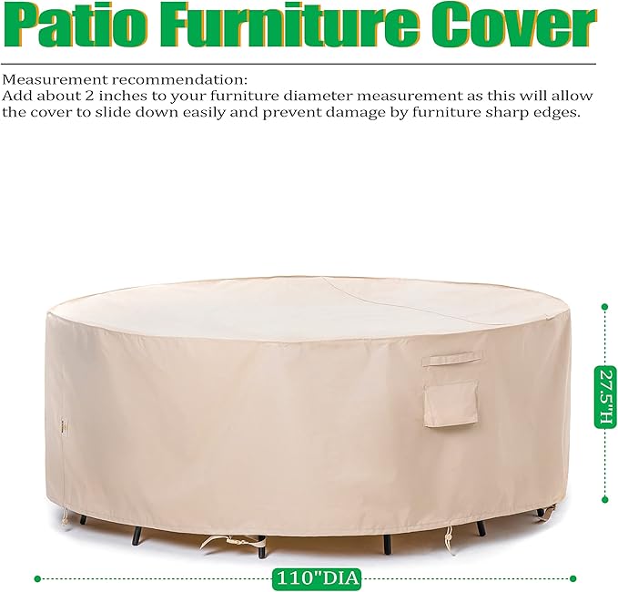 F&J Outdoors Patio Furniture Covers Waterproof UV Resistant Rip-stop Fabric Large Outdoor Furniture Covers, Beige,110" Dia x 27.5" H