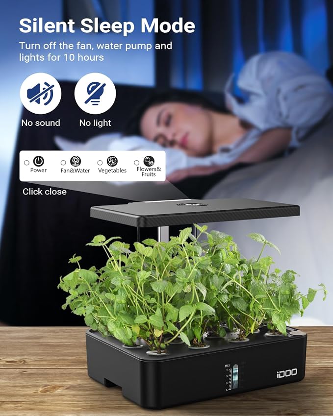 iDOO Hydroponics Growing System Kit 12Pods, Indoor Herb Garden with LED Grow Light, Built-in Fan, Auto-Timer, Adjustable Height Up to 11.3", for Home School Office, Gifts for Women Men Fathers