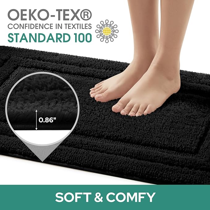 HOMEIDEAS Bathroom Rugs Sets 3 Piece, Super Soft and Absorbent Non Slip Microfiber Toilet Bath Mat with U-Shaped (Black)