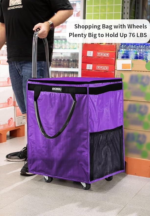 (Medium,Violet) Reusable Grocery Bag on Wheels, 70L Foldable Rolling Tote, Carries Up to 66 lbs Shopping Trolley, Zipper Clouser Shopping Carts for Trips, Laundry, 4 Heavy Duty Wheels and 3 Handles | Bag on Wheels, Foldable