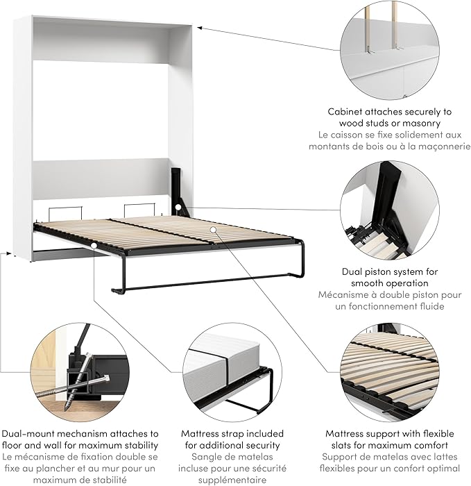 Bestar Claremont 65W Queen Murphy Bed in White, Sleeping Arrangement for Multipurpose Area, Bedroom, Guest Room, or Living Room