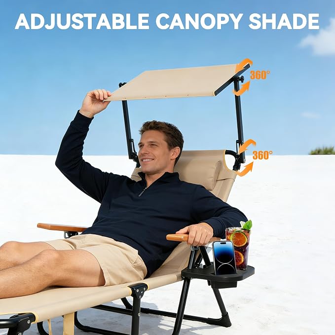Beach Lounge Chair with Sun Shade, Folding Outdoor Chaise Lounge Chair with Arms, 4-Position Backrest, Extended Sun Tanning Chair Pillow & Cup Holder, Patio Lounger for Outside for Beach(Beige-U)