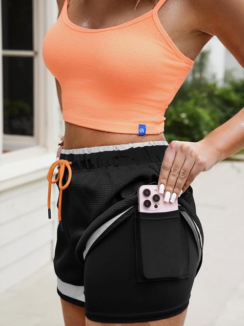 Fisoew Women's Athletic Shorts - 2 in 1 High Split Color Block Workout Yoga Shorts with Pocket & Drawstring