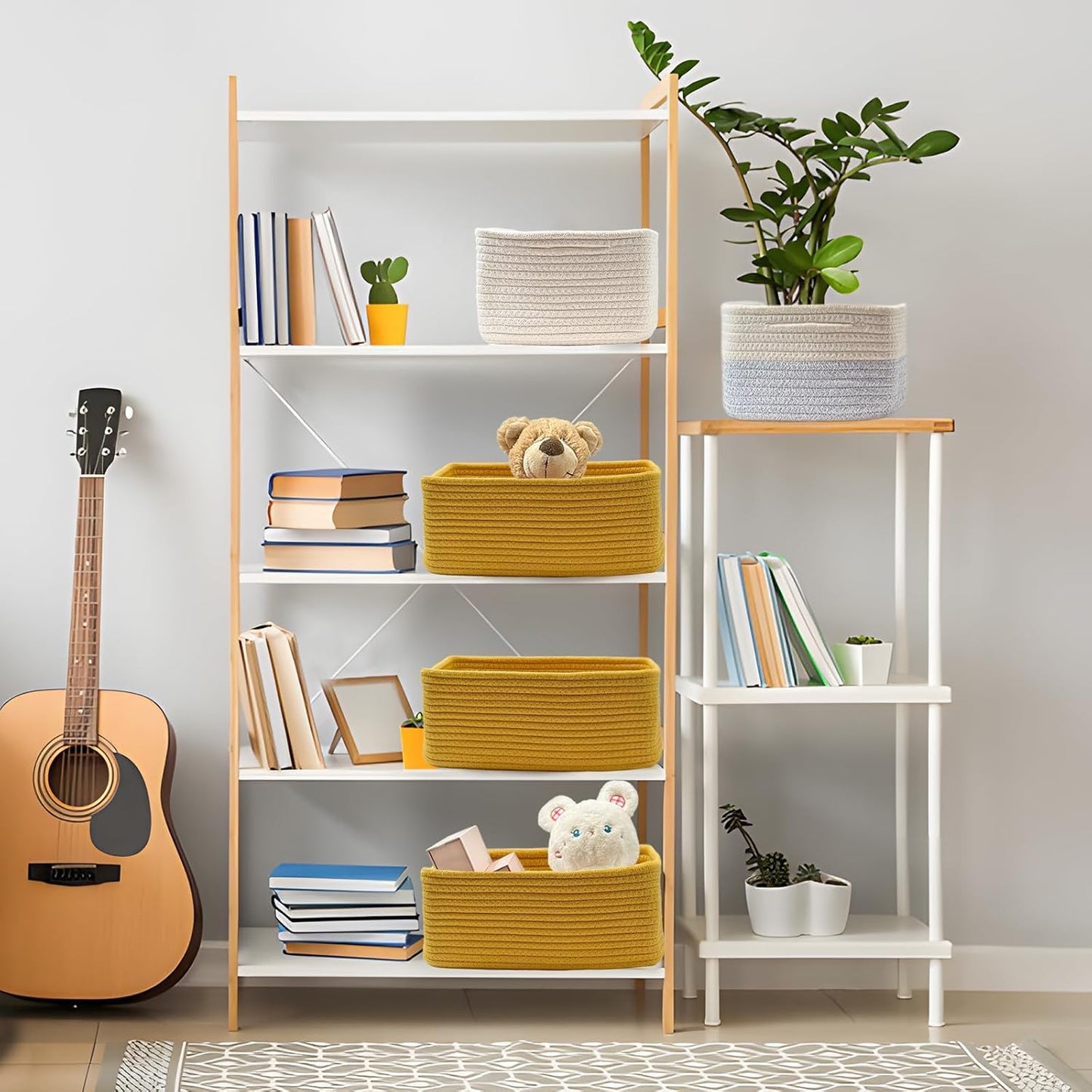 COMFY-HOMI 11.5"x7.5"x4.7" Storage Baskets for Organizing | Cotton Rope Woven Basket | Toy Storage Bin Box | Basket for Shelves, Closet Organizer Bin, Decorative Closet Shelf, 3 Pack, Yellow