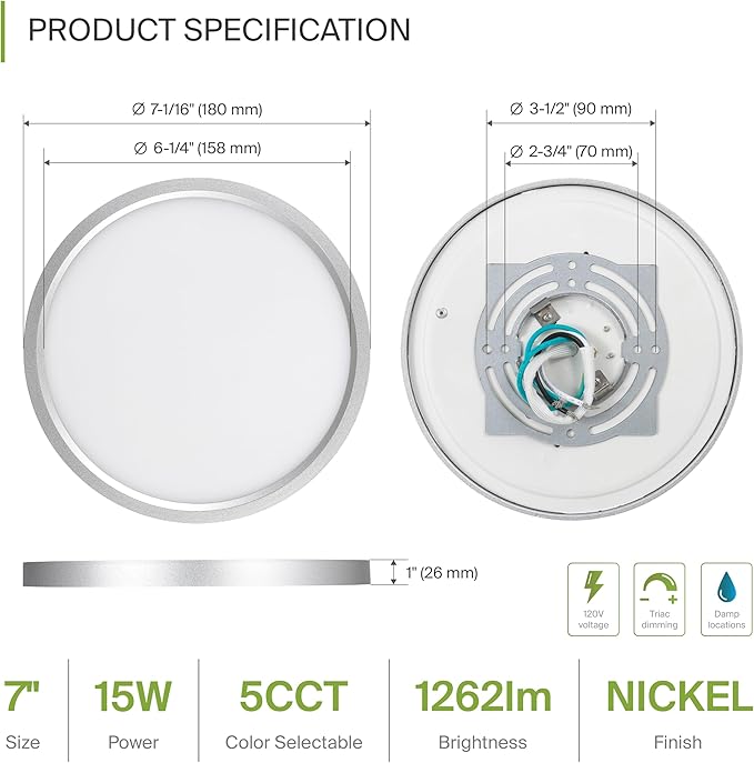 ASD LED 7" Round Flush Mount Ceiling Light Fixture, Low Profile Surface Lighting | 5CCT, Dimmable, Ultra-Thin, ETL Listed | 15W 1260LM 2700-6000K 120V | Kitchen, Bedroom, Hallway Lamp | Nickel