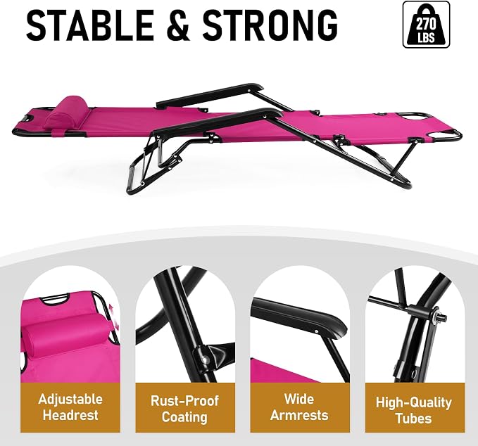 Outdoor Folding Chaise Lounge Chair, Patio Sun Lounger Reclining Beach Chair Sun Patio Pool Lawn Recliner Chair (Pink)