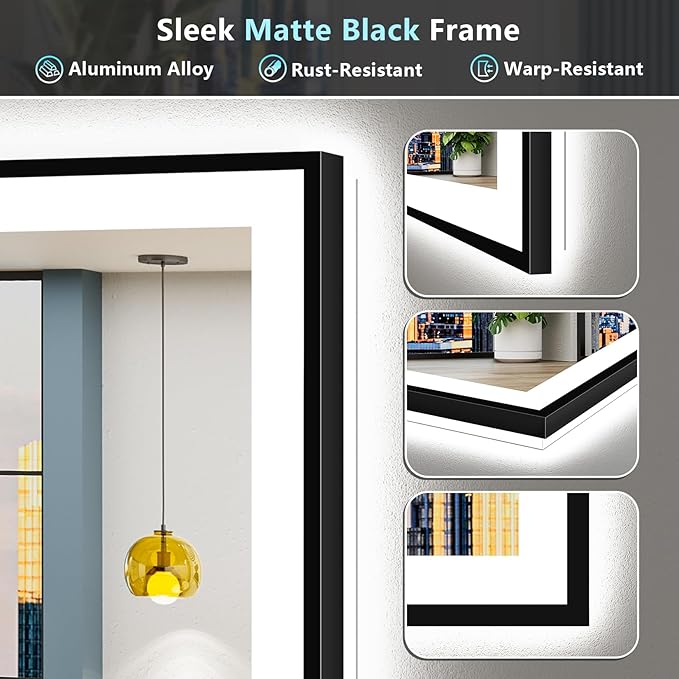 84x40 Black Framed LED Bathroom Mirror