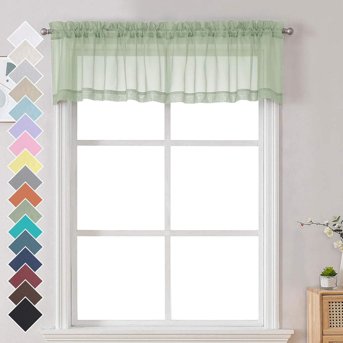 Chyhomenyc Light Green Sheer Valances for Windows 2 Pack, Small Window Curtains for Living Room Bathroom Cafe Laundry Basement, Modern Top Dual Rod Pocket Voile Curtain, 42W x 14L inches