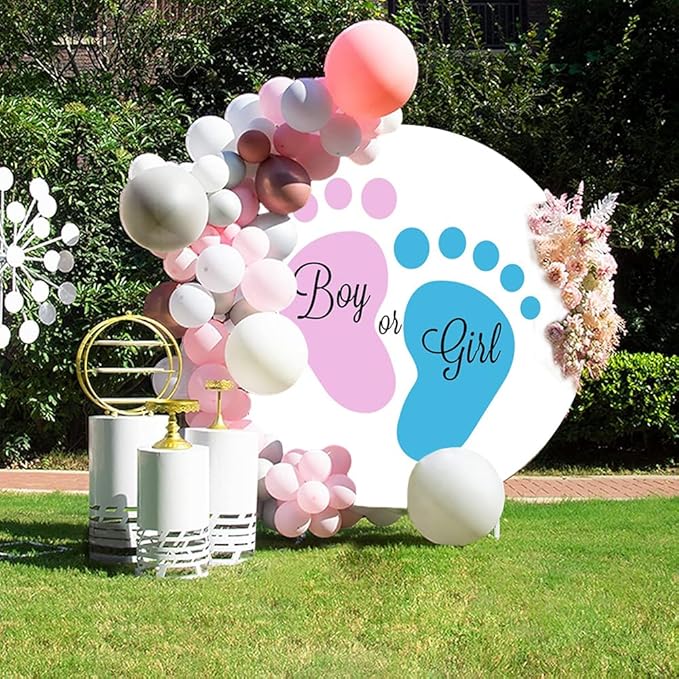 OERJU Round Gender Reveal Backdrop Cover Baby Feet Round Backdrop Blue or Pink Boy or Girl Circle Backdrop Cover Newborn Baby Shower Pregnancy Surprise Party Decorations Photography Background 7.5ft