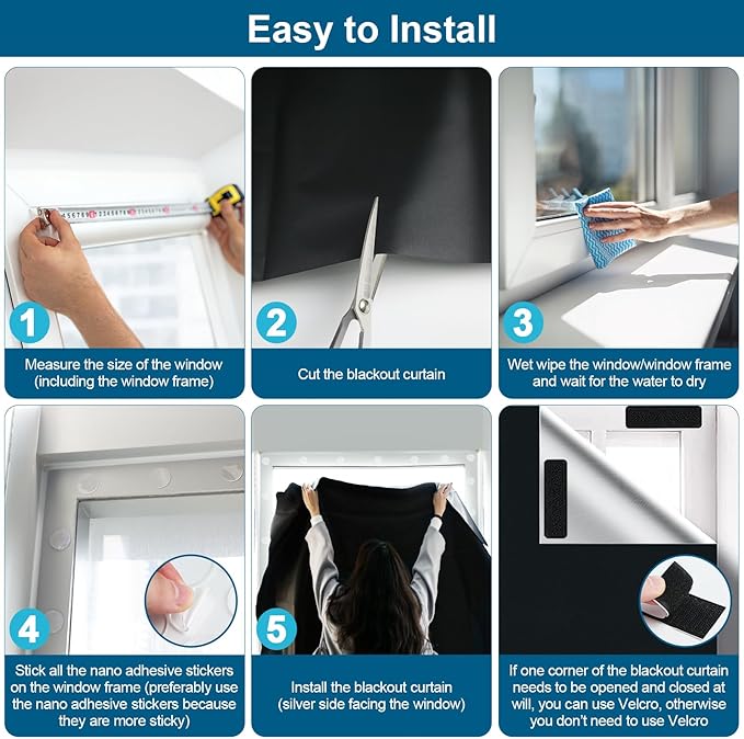 100% Blackout Curtains for Bedroom, Portable DIY Window Blinds, No Drill Window