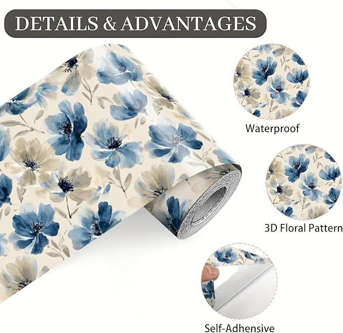 Blue Floral Wall Border 196x4 Inch Peel and Stick Vintage Flower Wallpaper