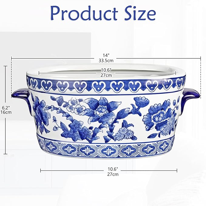 Blue and White Ceramic Planter Pot – Vintage Floral Oval Cachepot Vase for Indoor Plants, Flowers & Succulents – Glazed Chinese Porcelain Style Decorative Bowl –10.6" Size – No Drainage