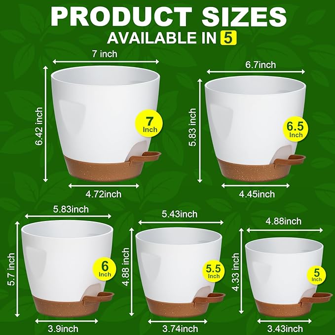 5-Pack Plant Pots with Drainage 7/6.5/6/5.5/5 Inch Self Watering Pots for Indoor Outdoor Plants, Plastic Flower Pots with Drainage Holes and Removable Saucers, Plant Pots with Wicking Rope (White)
