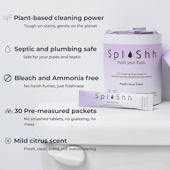 SplaShh 5 in 1 Foaming Toilet Bowl Cleaner, 30 Powder Packets, Fresh Citrus Scent, No Harsh Chemicals, Easy Clean, Replaces Sprays, Pods & Tablets, Stain & Odor Remover, Convenient Pouches